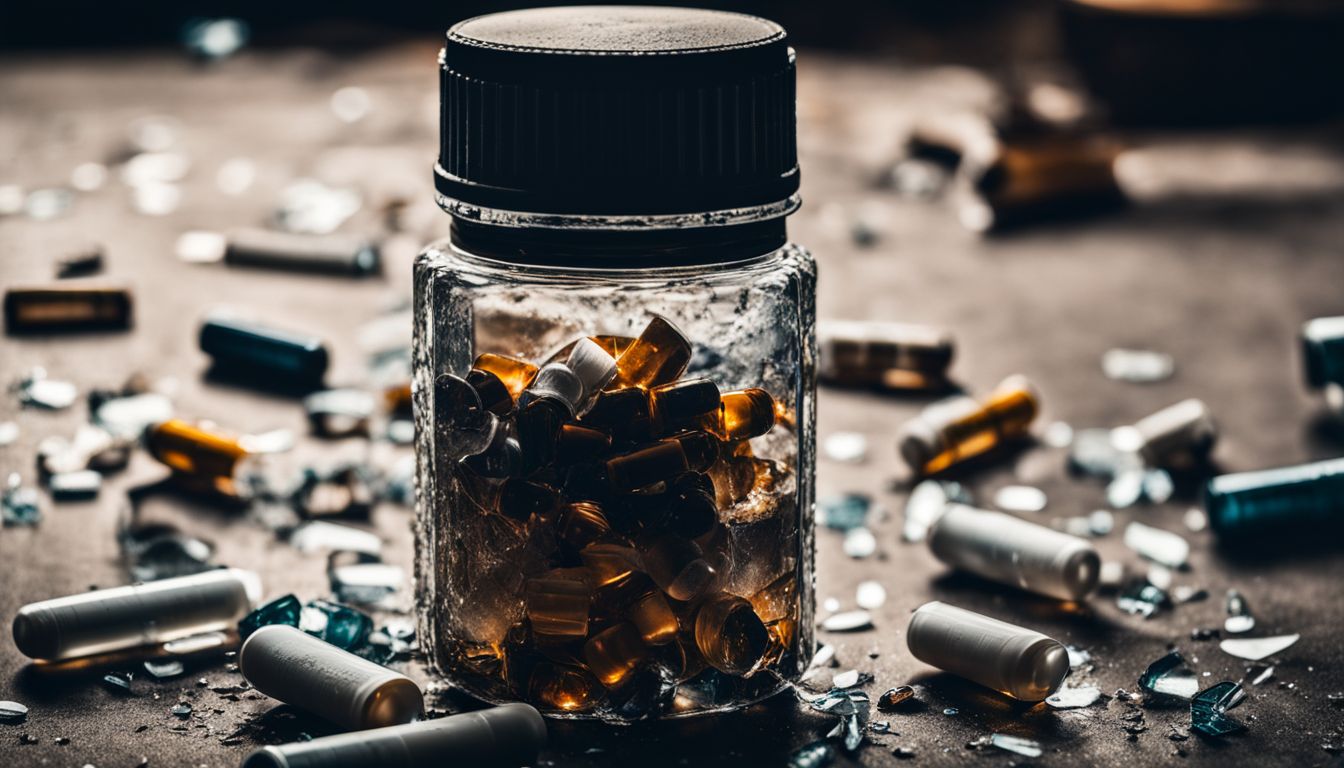 An abstract photograph of a pill bottle surrounded by shattered glass.