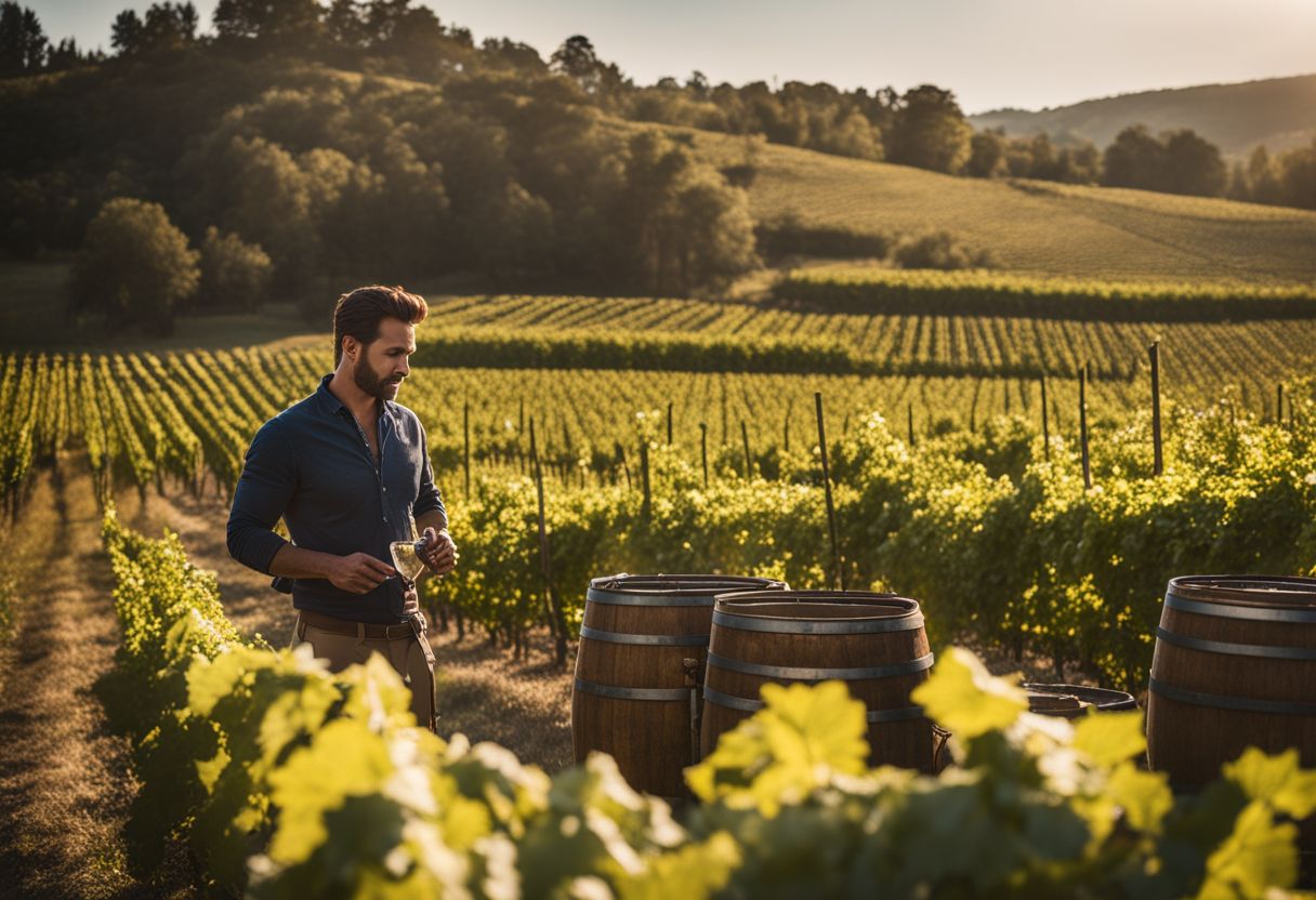 Winemaker inspecting vineyards with equipment and barrels in background.