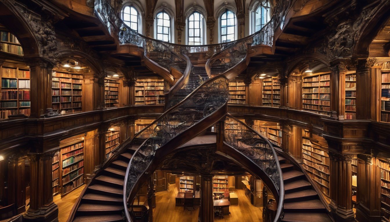 A photo of a spiral staircase in a library filled with books.
