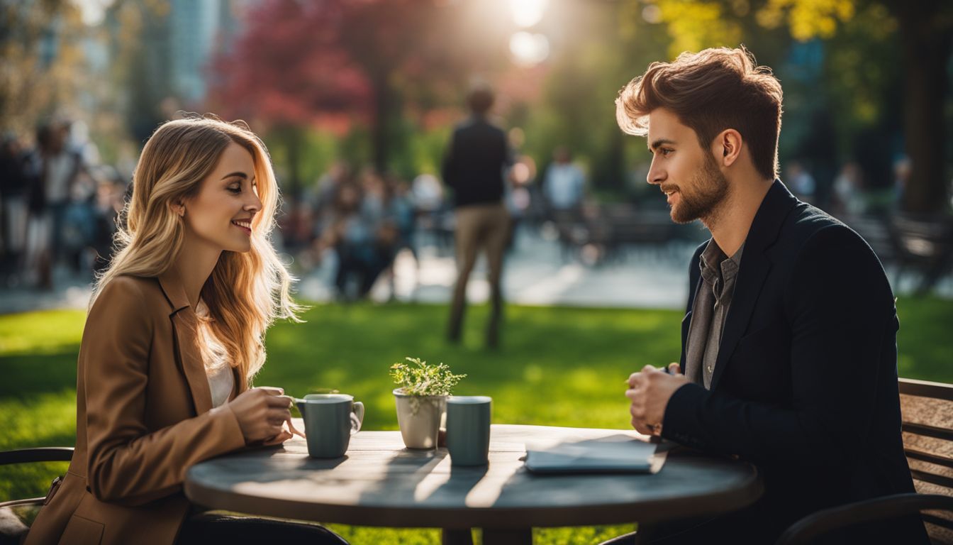 Two people having a conversation in a peaceful park setting.
