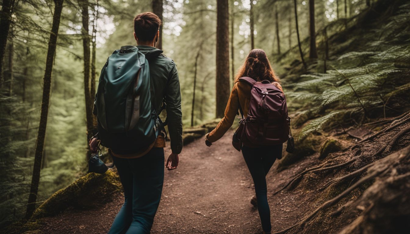 A man and woman hiking together in a peaceful forest.