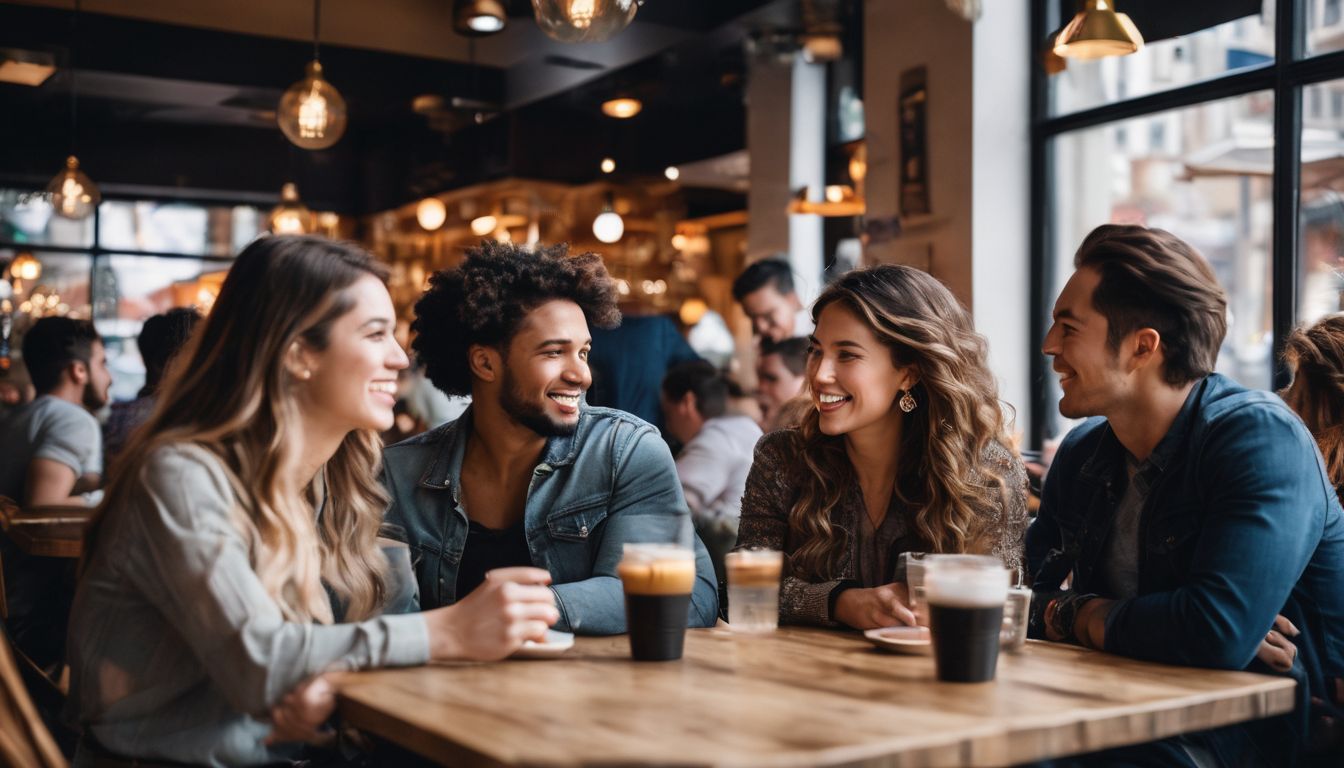 A diverse group of friends having a deep conversation at a cafe.