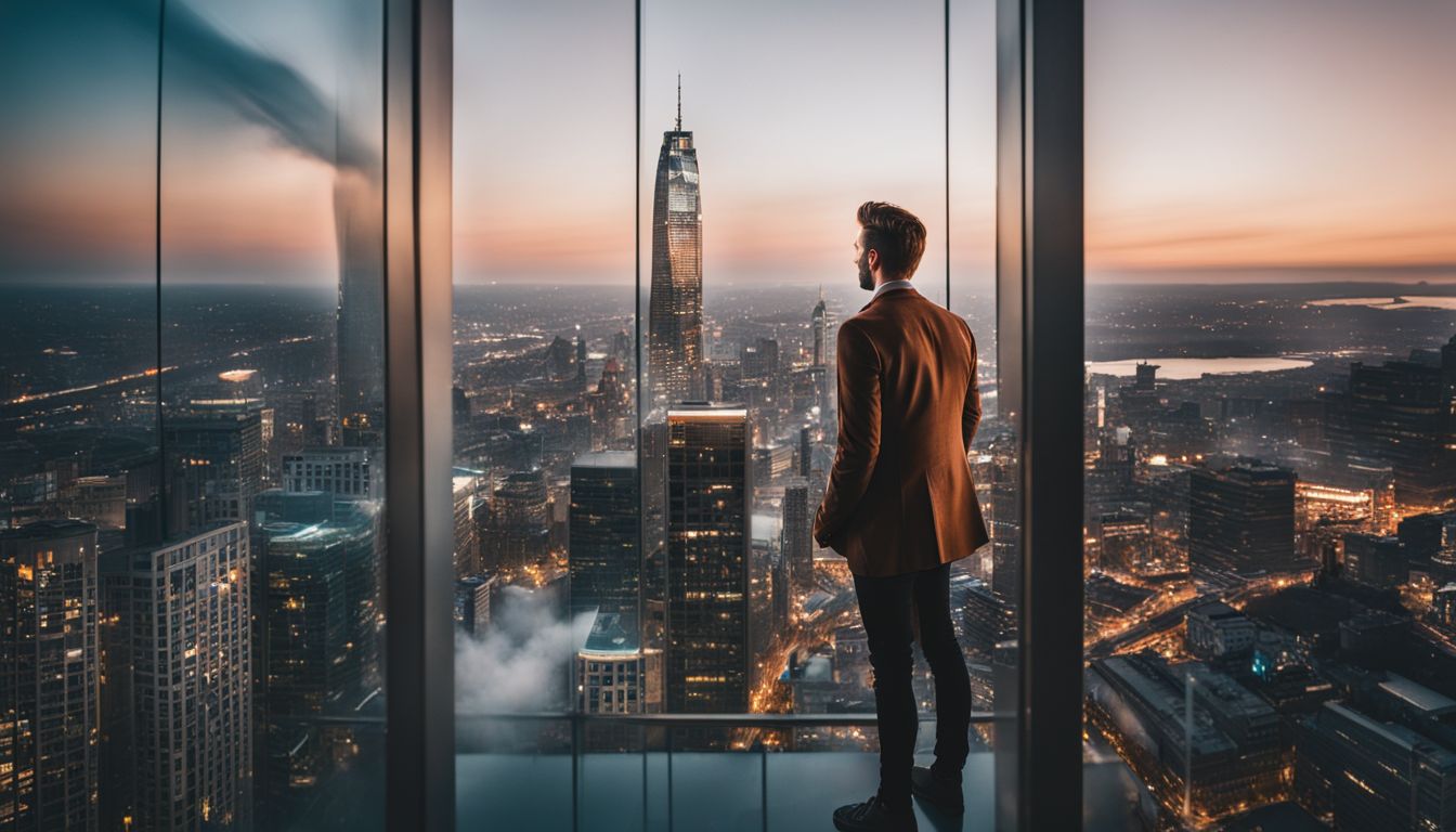 ENTJ overlooking cityscape with diverse people, fashion, and cinematic vibes.
