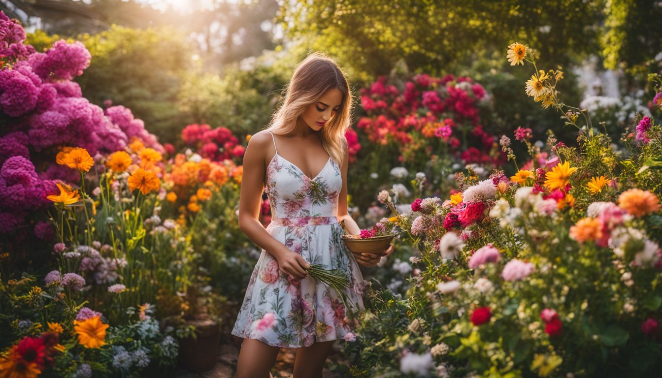 A diverse and beautiful garden with vibrant flowers and people.