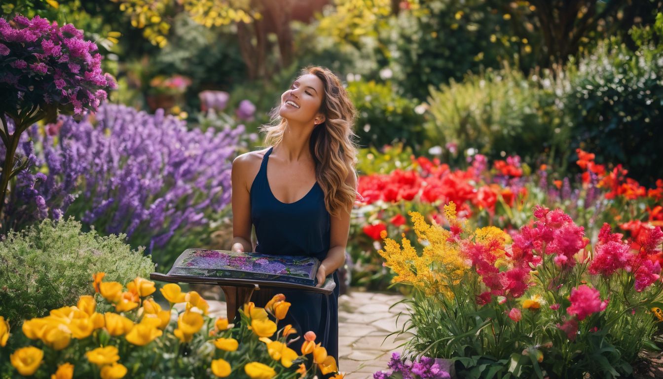 A photo of a diverse garden with blooming flowers and people.