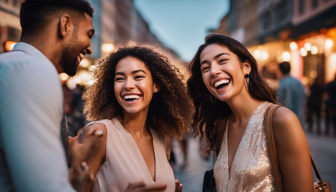 Diverse group of friends laughing together in a vibrant city square.