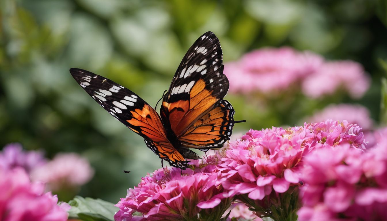 A colorful butterfly on a flower with diverse people in background.