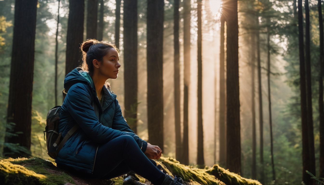 A person alone in a sunlit forest, surrounded by nature.