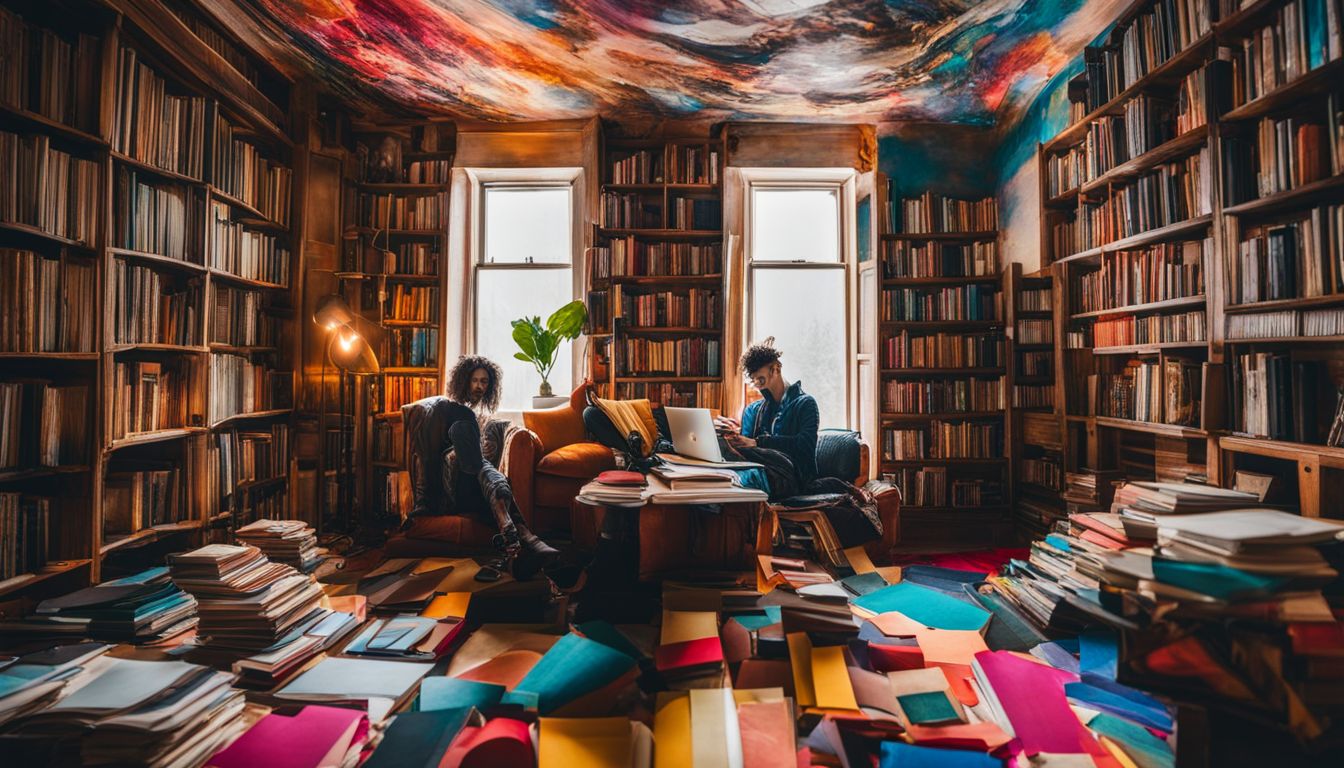 A person surrounded by books and art in a vibrant and imaginative world.