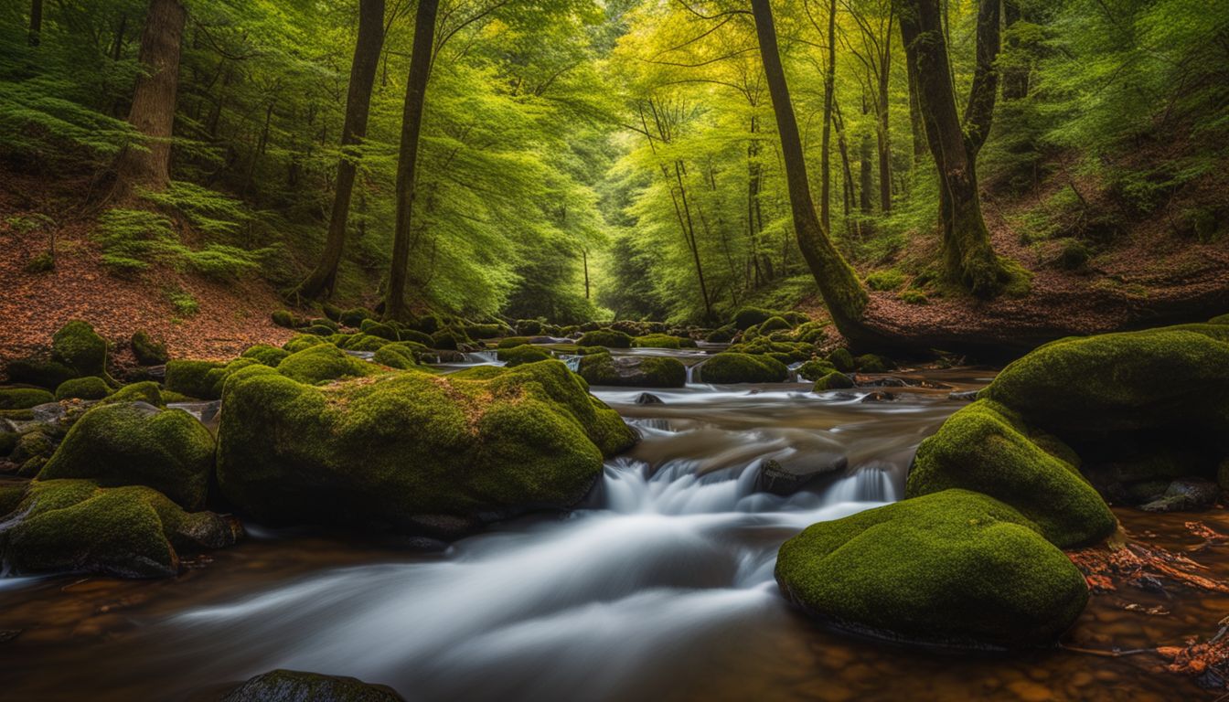 A serene forest with a stream surrounded by diverse people and nature.