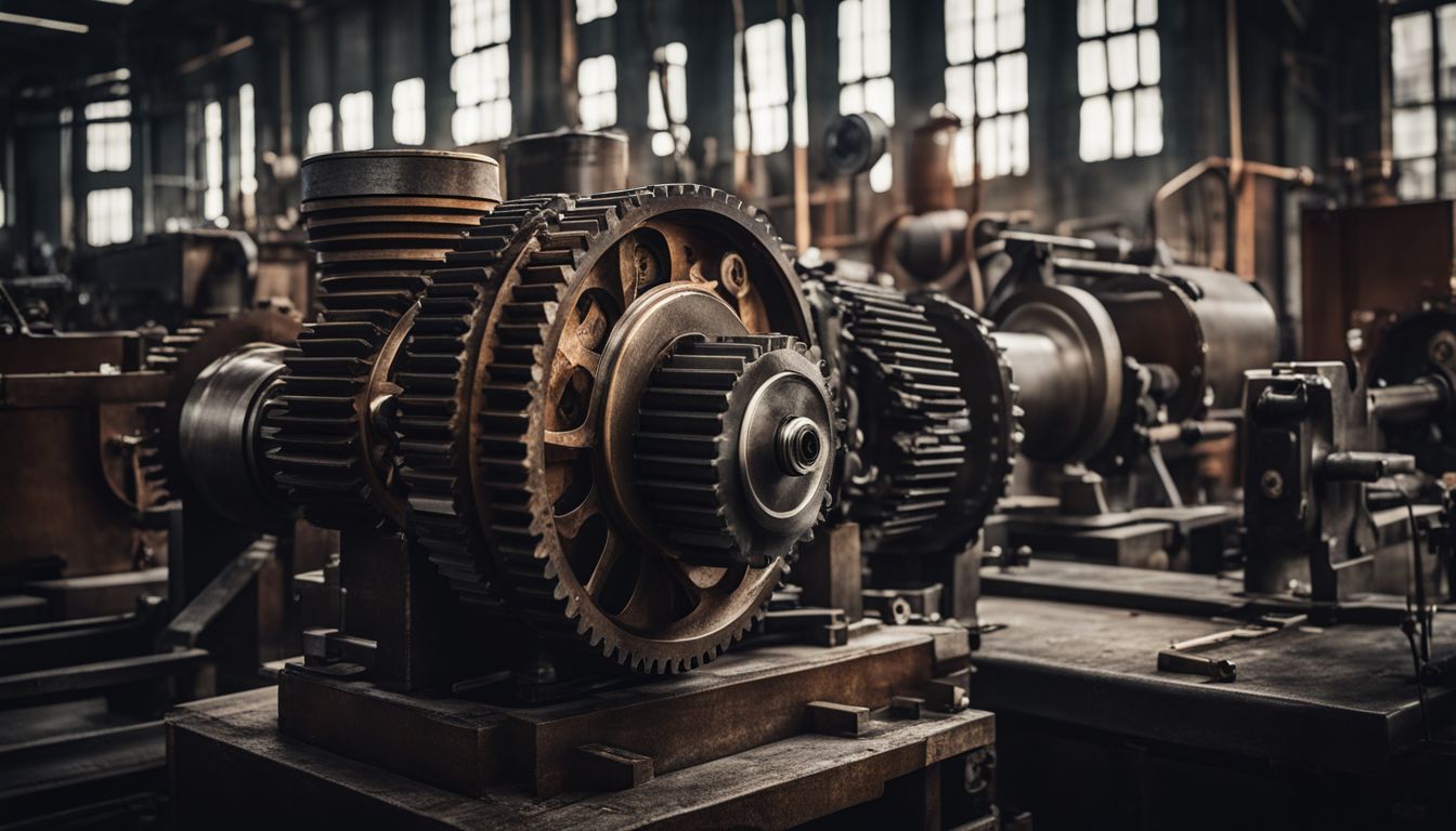Close-up of gears and machinery in a bustling industrial setting.