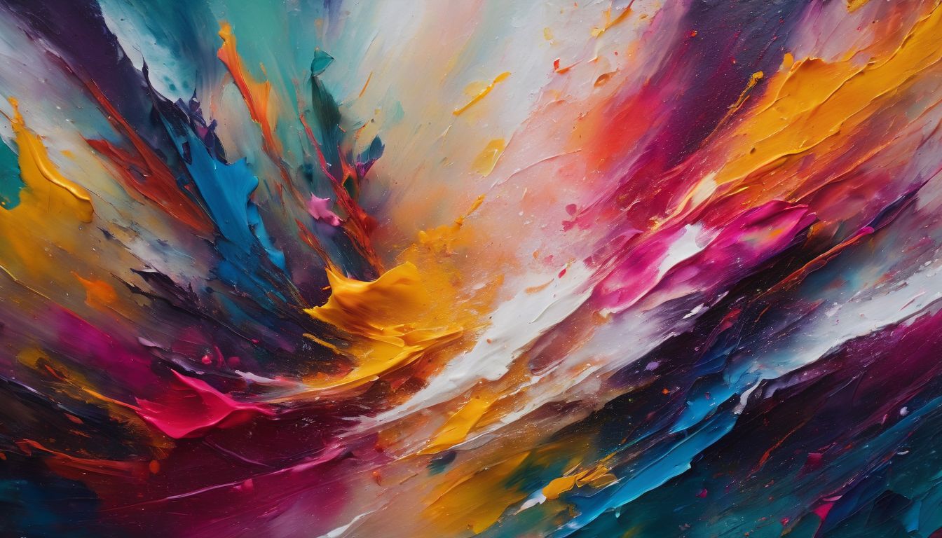 Abstract painting featuring vibrant brushstrokes, diverse faces, and colorful outfits.