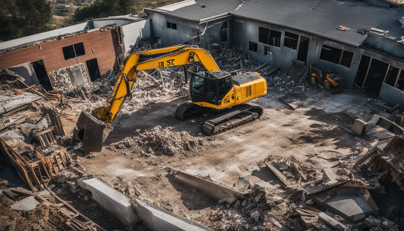 Demolished house surrounded by construction equipment in a bustling atmosphere.