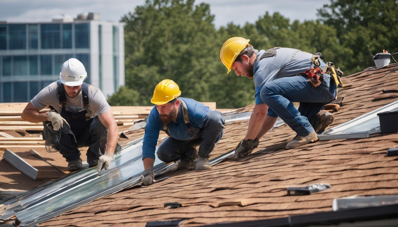 A diverse team of roofers working together to repair a building.