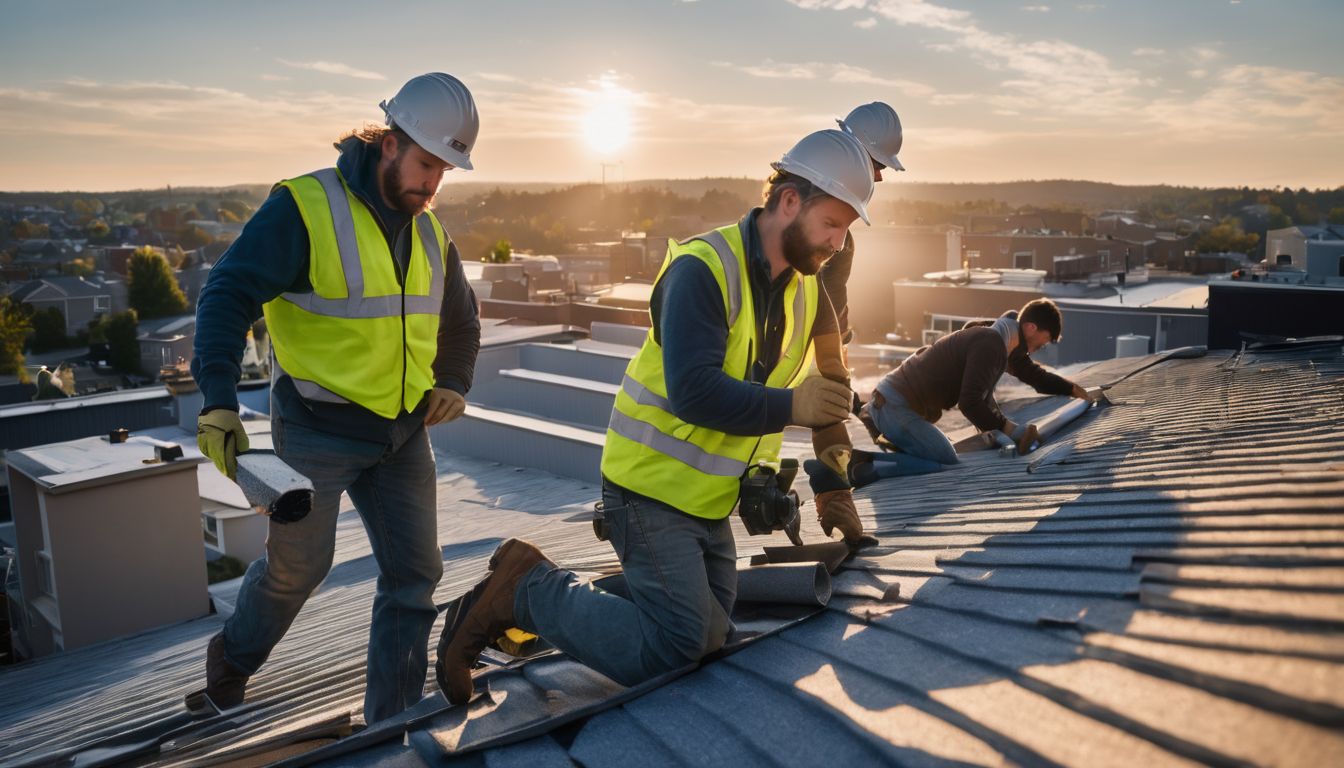 A diverse group of roofers working together on a residential rooftop.