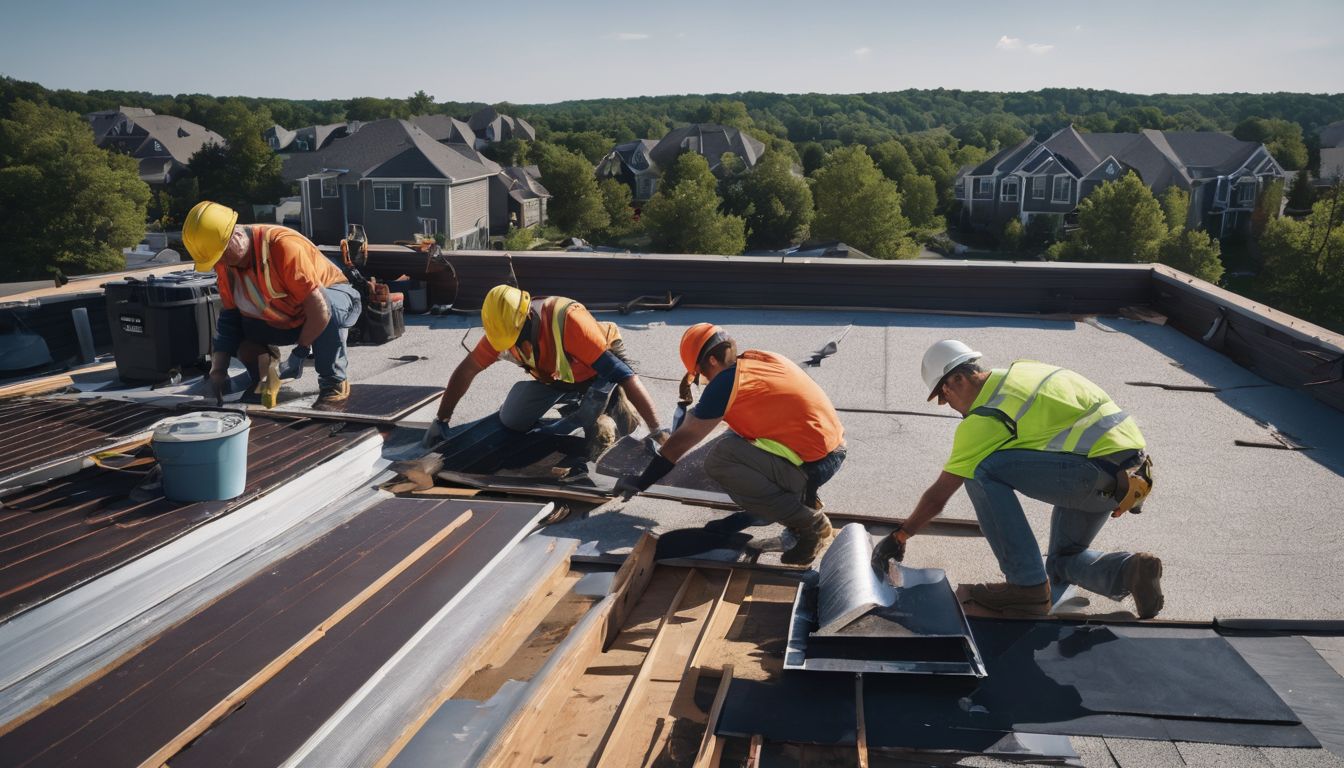 Experienced roofers working together on a rooftop, showcasing their professionalism.