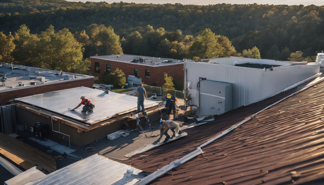 A diverse team of roofers working on a residential rooftop.
