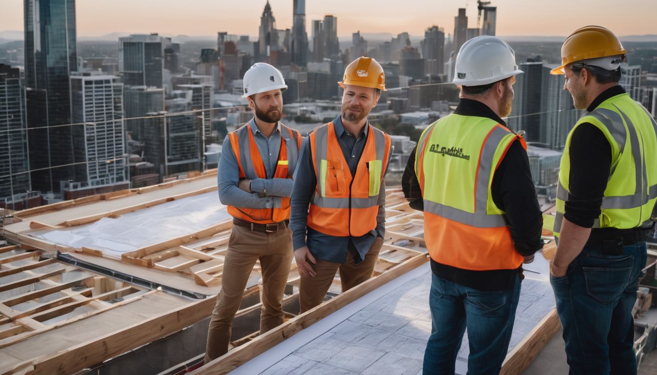 A diverse group of construction workers discussing plans on a rooftop.