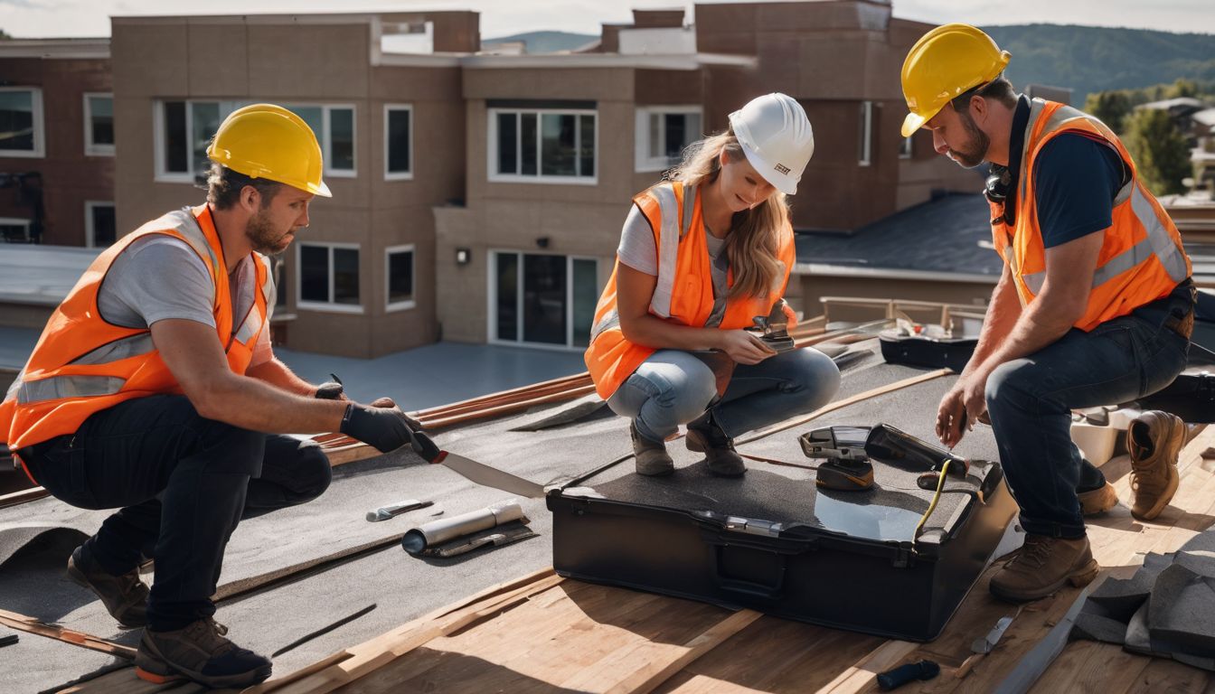 A diverse team of experienced roofers inspecting a roof with tools and protective gear.