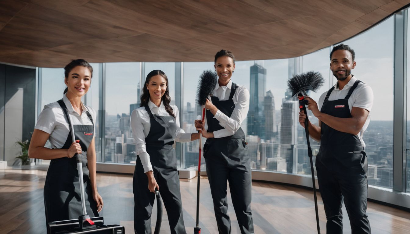 A diverse team of professional cleaners in front of a sparkling building.