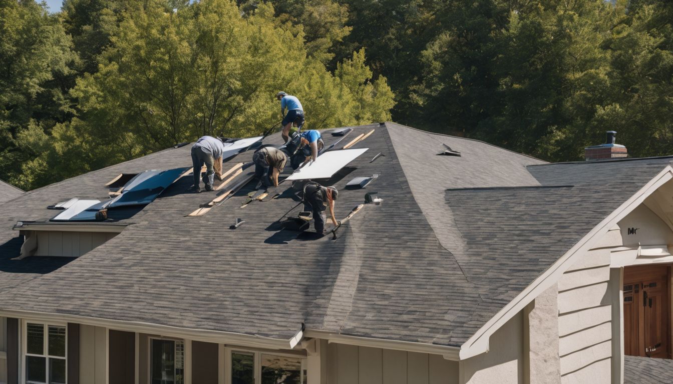 A diverse group of professional roofers working in a suburban neighborhood.
