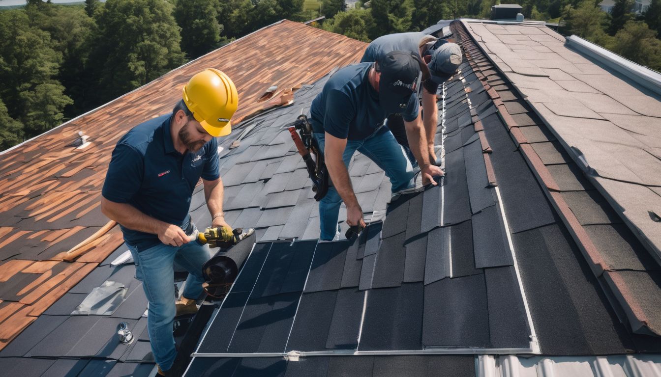 Professional roofers inspect and maintain rooftop in a bustling atmosphere.