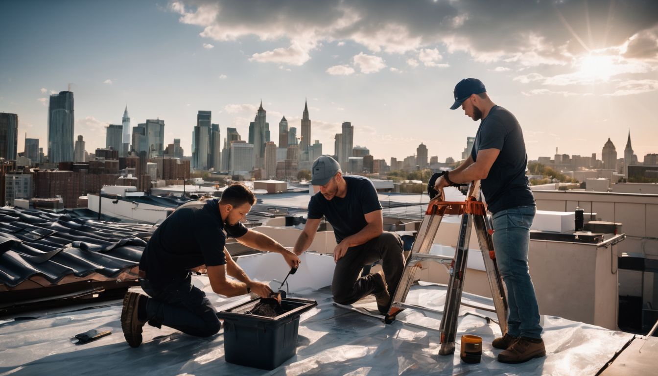 A diverse team of roofers working on a city rooftop.