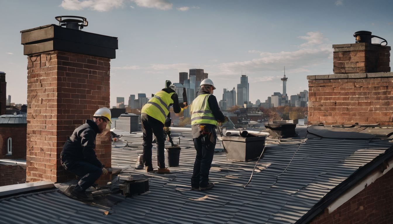 Expert team repairs chimney on rooftop using various tools and techniques.