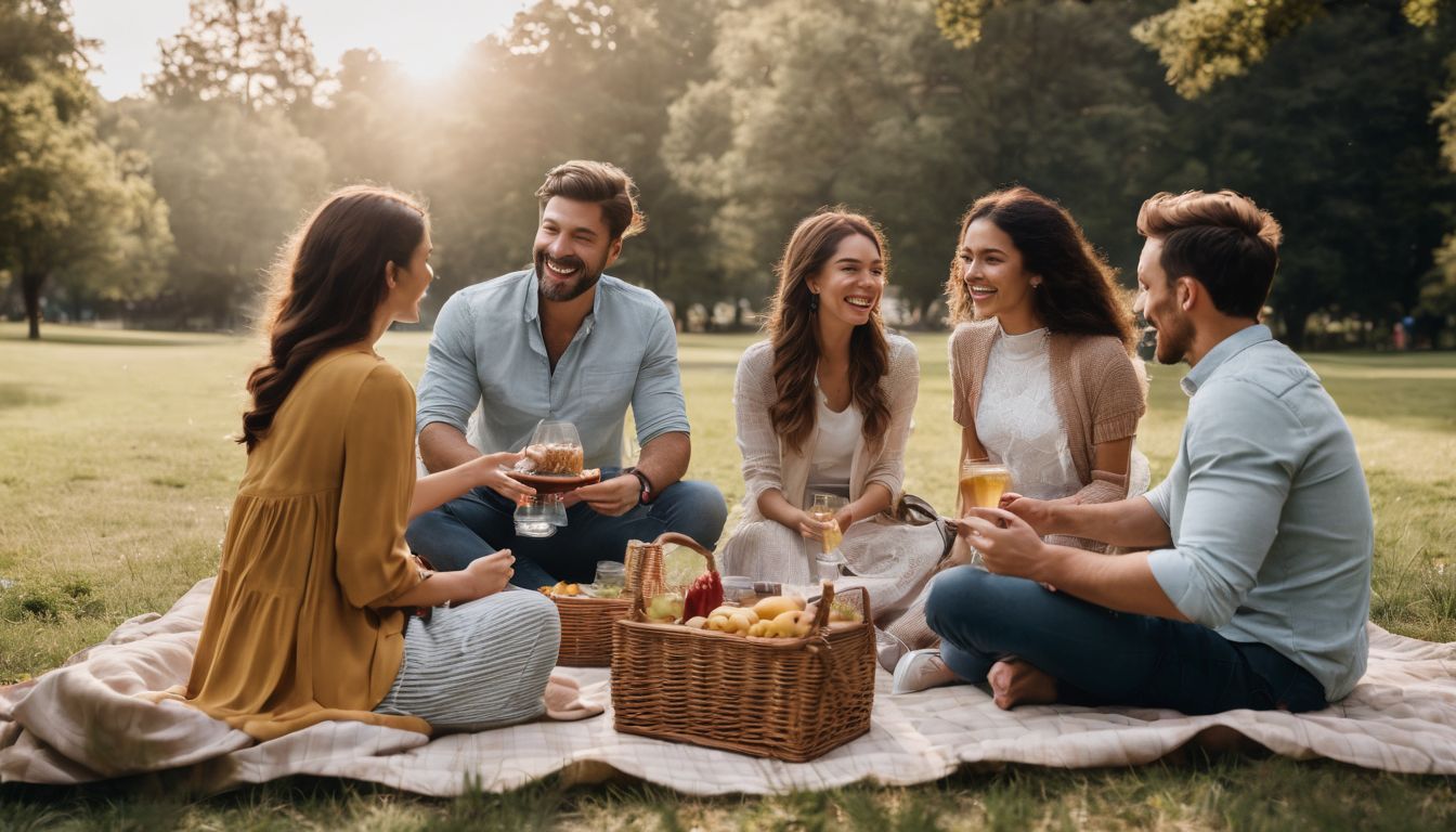 Diverse group enjoying picnic in park, captured in vibrant detail.