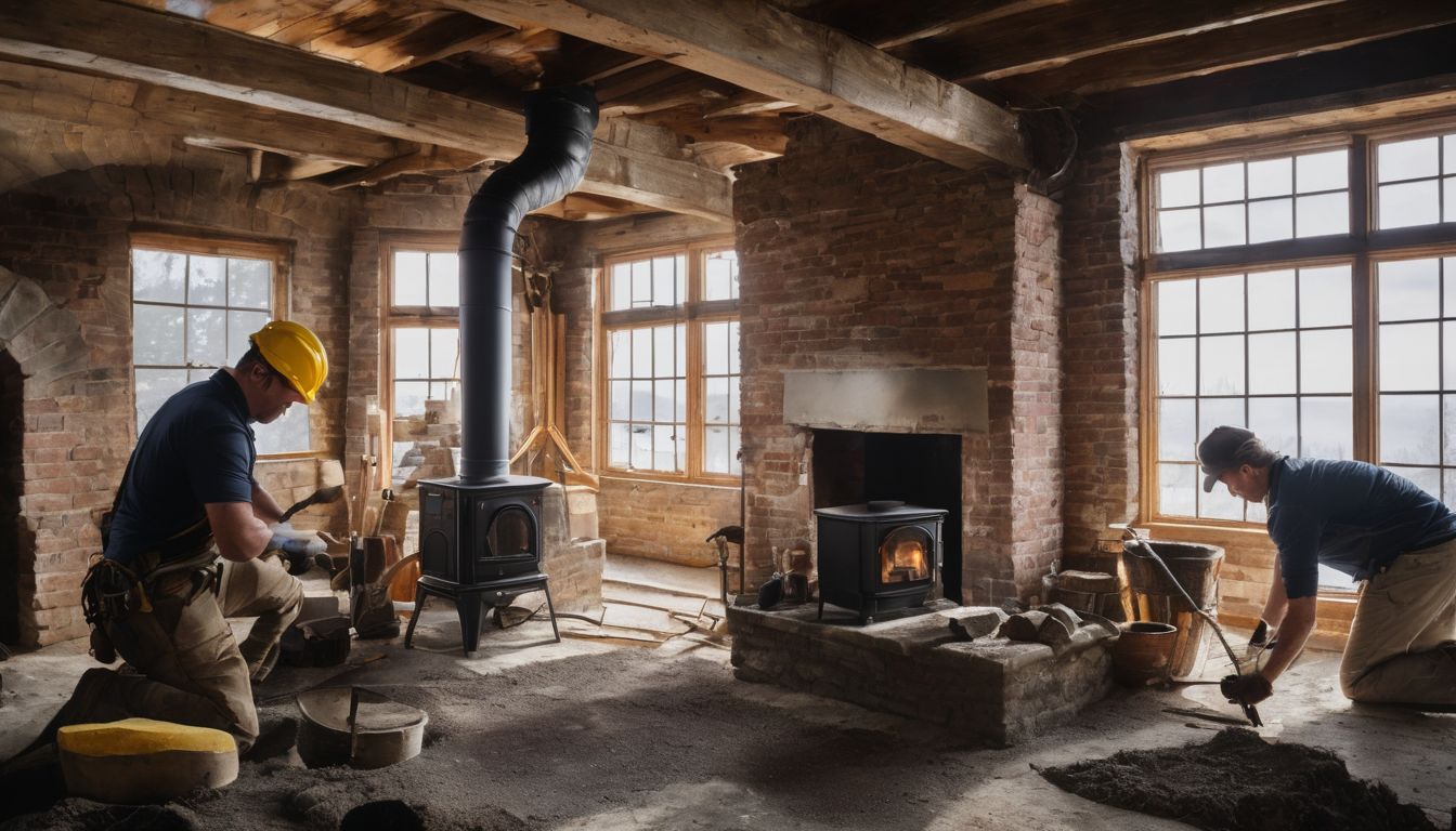 A skilled team restores a chimney in a bustling atmosphere.