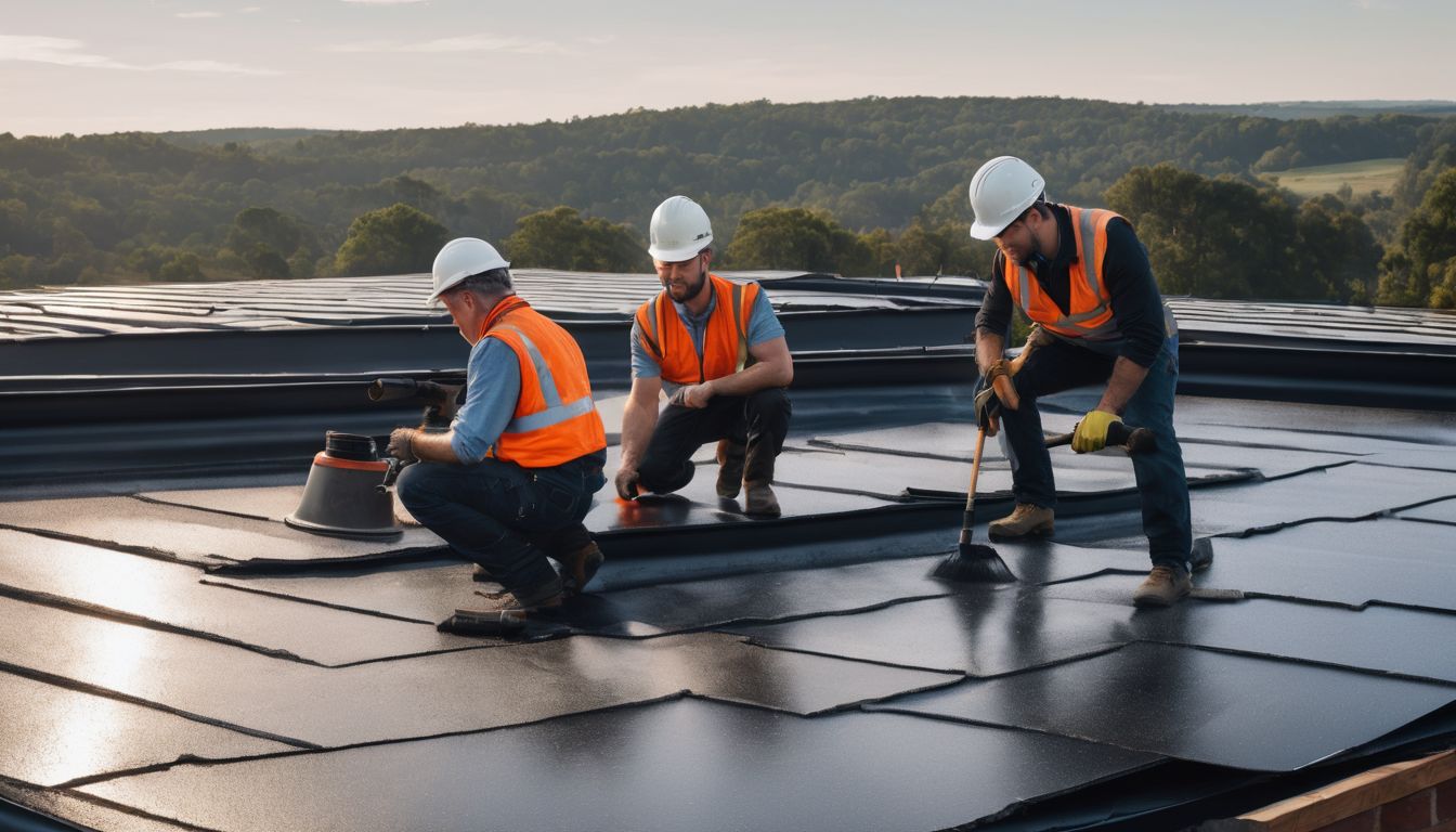 A diverse team of professional roofers repairing a bitumen roof.