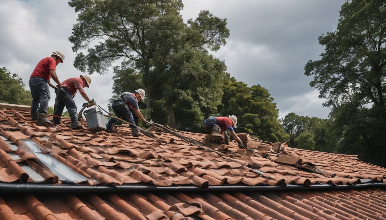 A team of roofers replacing damaged roof tiles on a house.