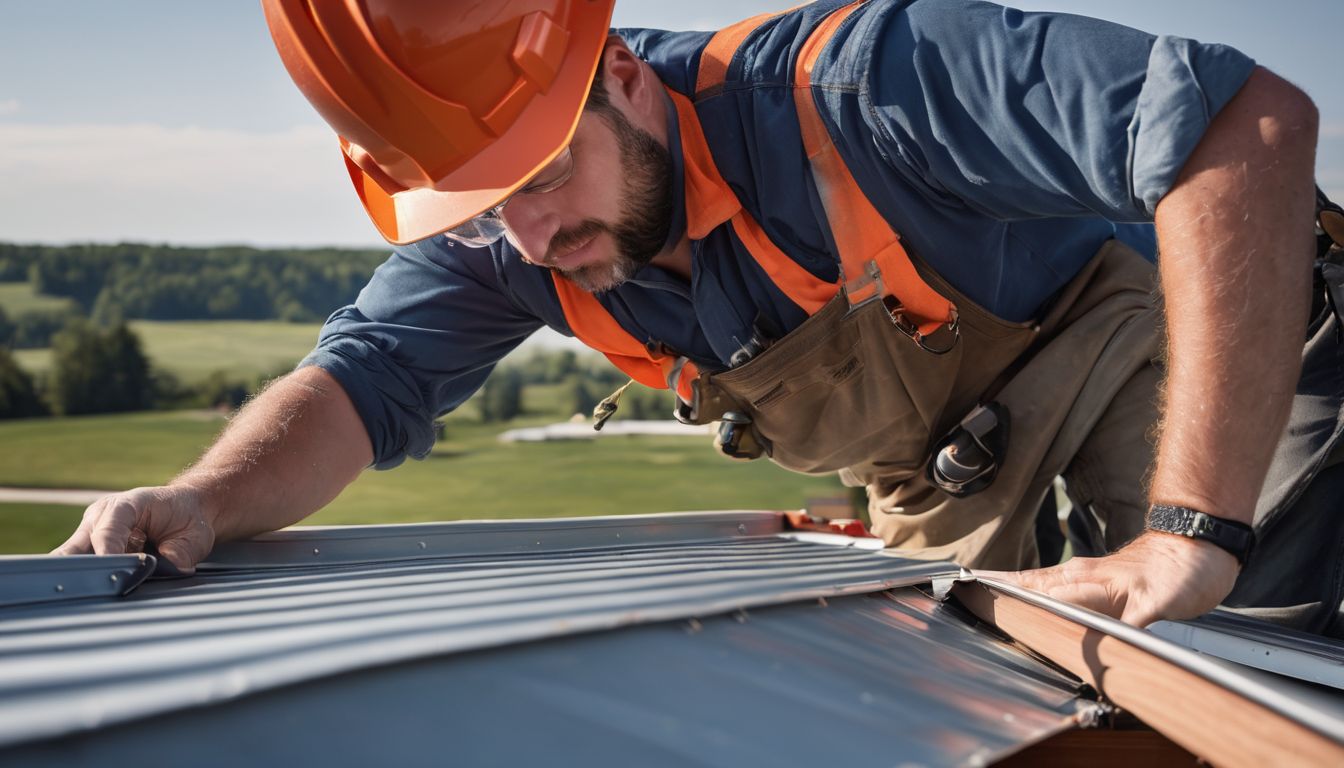 A worker installs a custom-made zinc gutter on a residential roof.