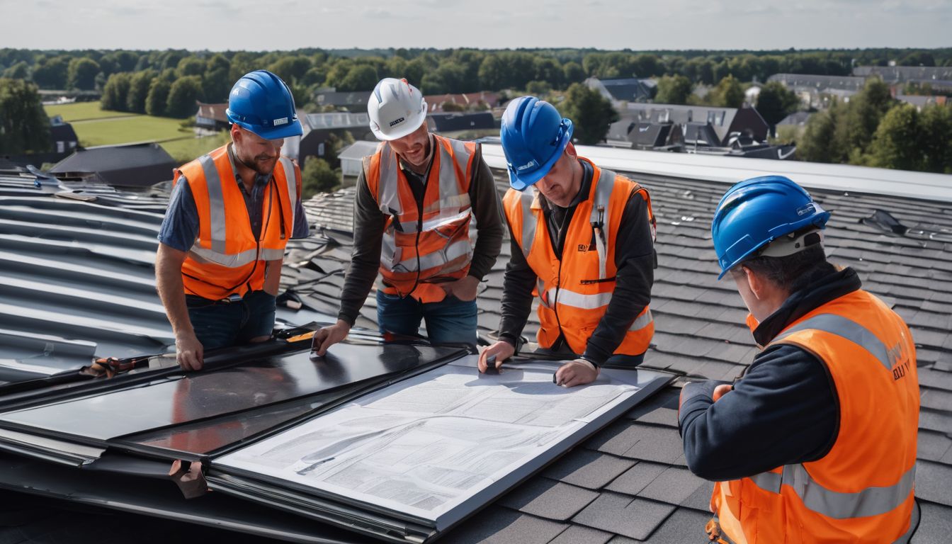 A diverse team of professional roofers inspect and plan roof construction.