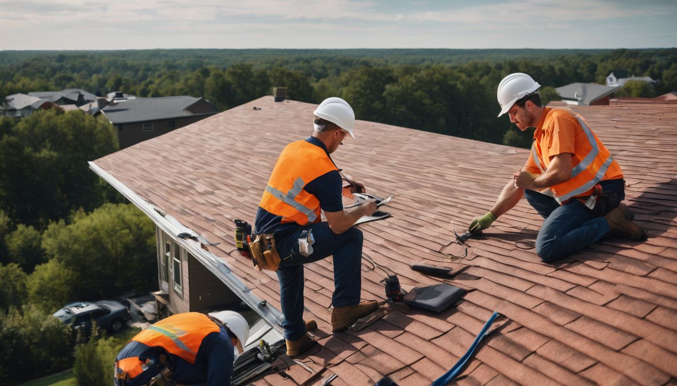 Group of roofing professionals inspecting and repairing a building's roof.