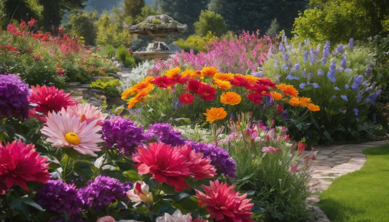 A vibrant garden of blooming flowers in various colors and styles.