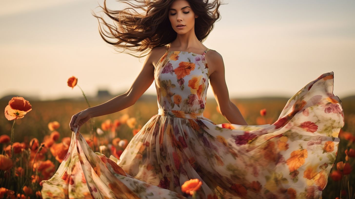 A model twirling in a floral field wearing a dress.