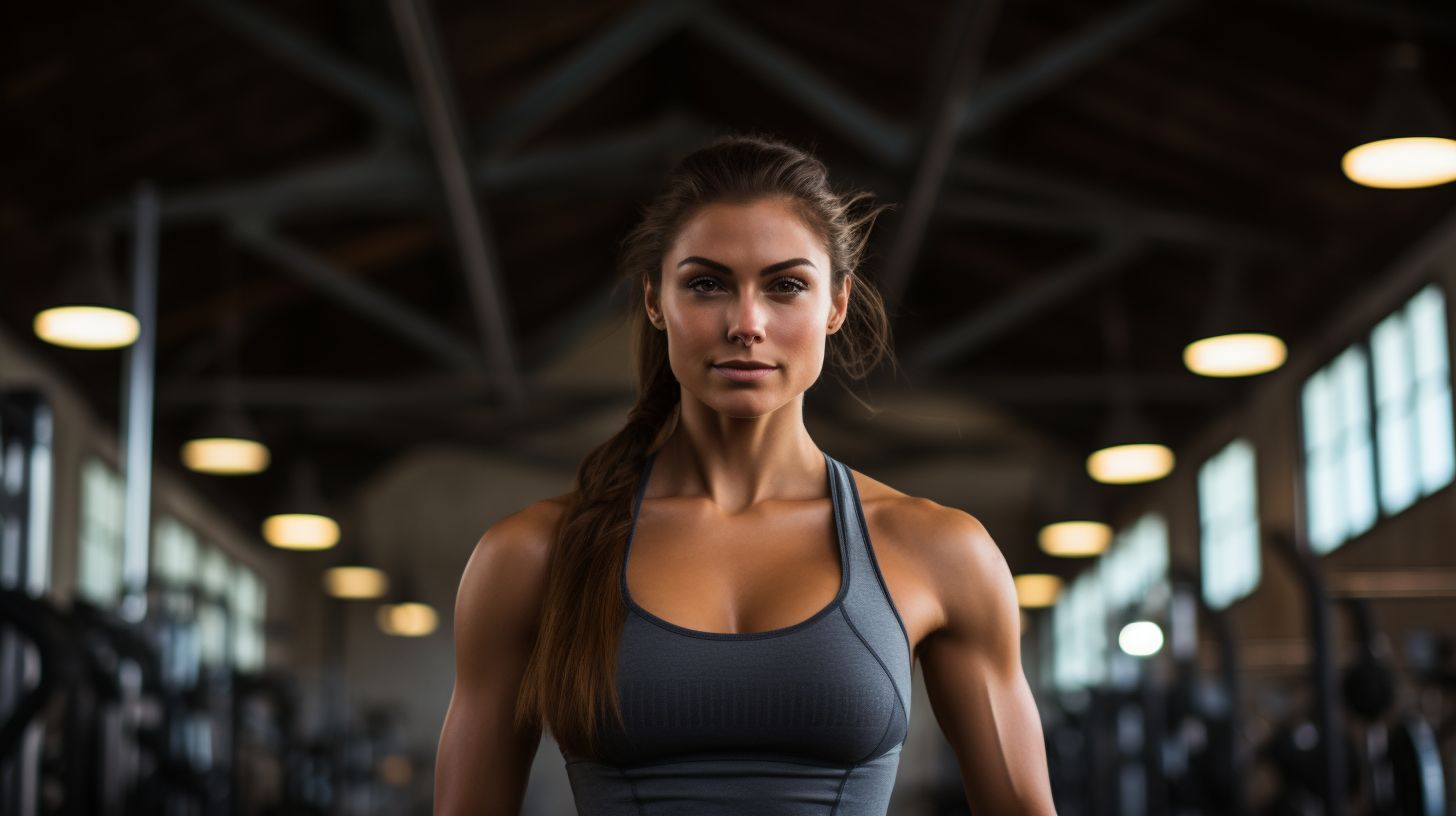 A Caucasian woman wearing a sports bra in a gym environment.