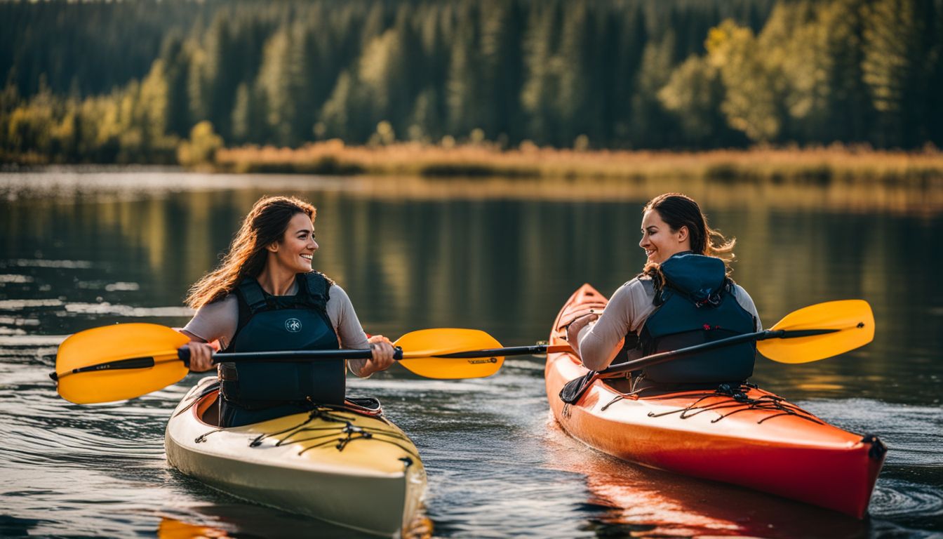 A photo of two people kayaking together on a calm lake.