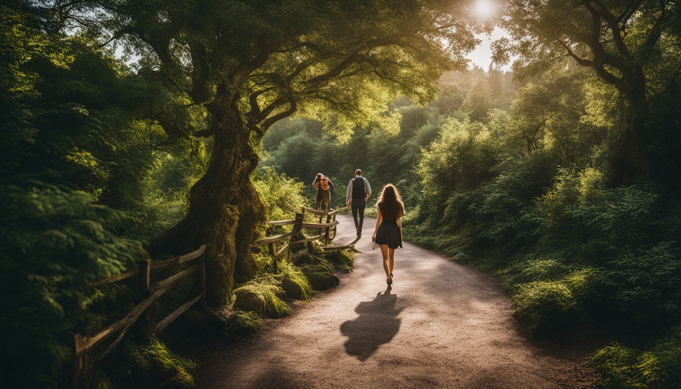 three people walking on a serene road with plants and trees on the side