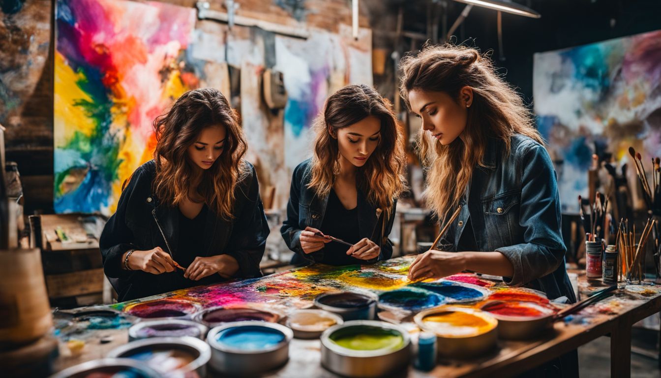 Three people collaborating on a vibrant art piece surrounded by supplies.