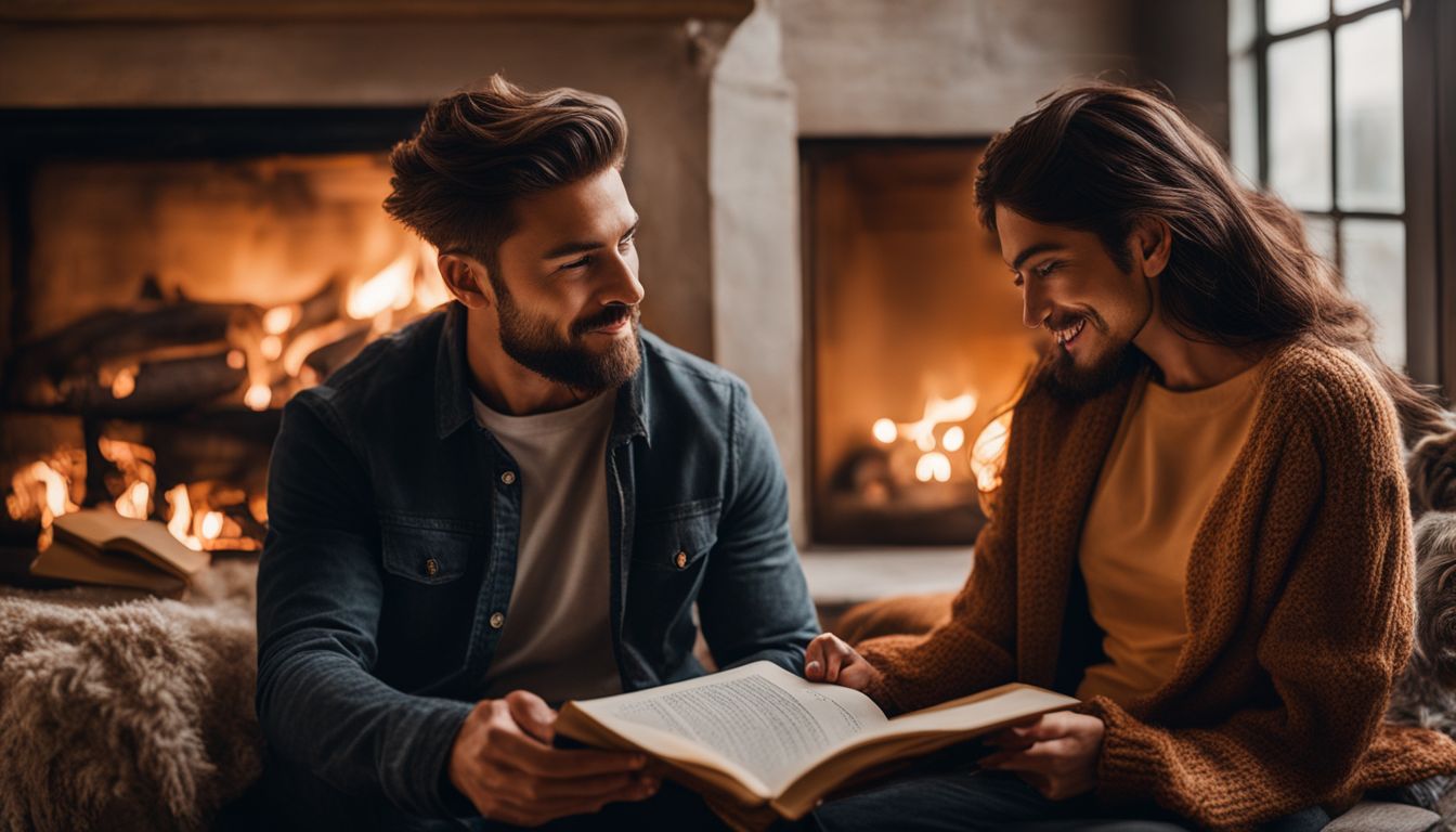 A couple reading by a cozy fireplace in a bustling atmosphere.