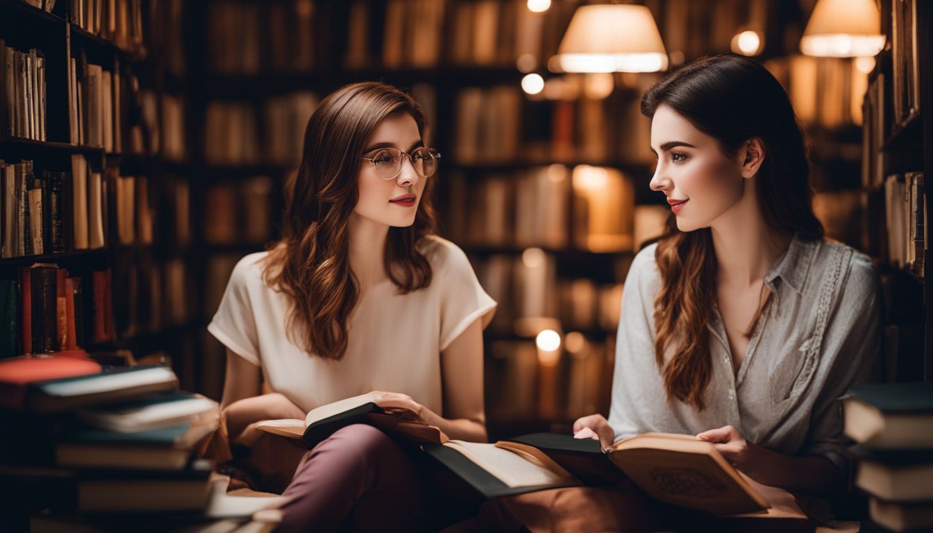 A photo of two individuals engaged in conversation surrounded by books.