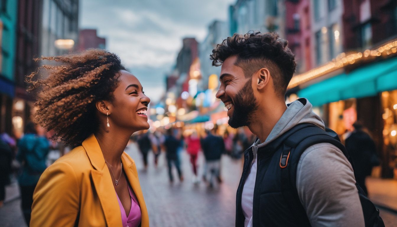 Portrait of an ISFJ and ENTP laughing together in a vibrant cityscape.
