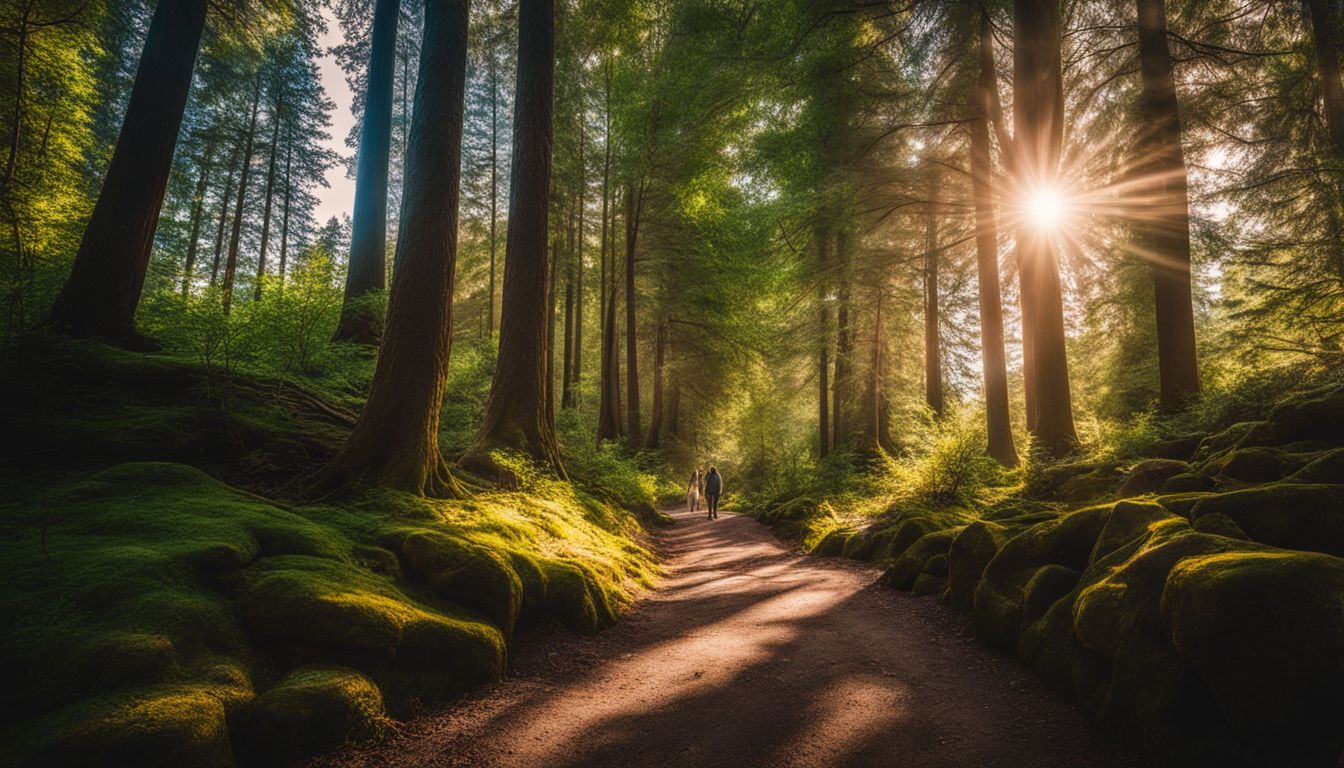 A diverse group of people walking through a sunlit forest pathway.