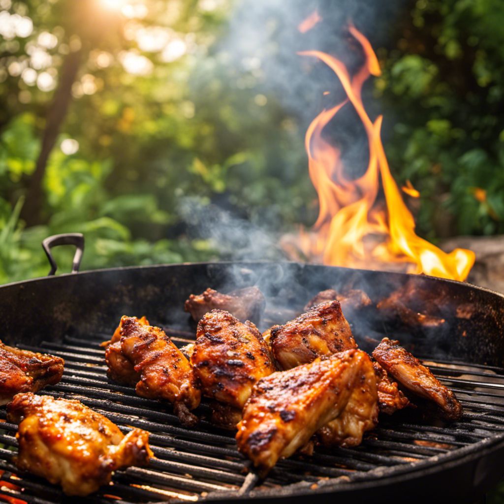 Grilled chicken wings cooking on a hot grill in nature.