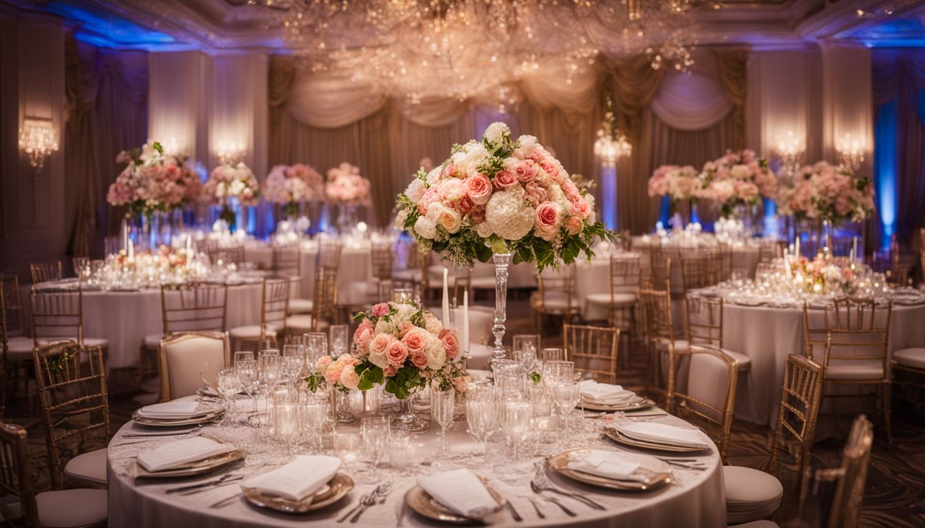 A wedding reception table with beautiful decorations and elegant settings.