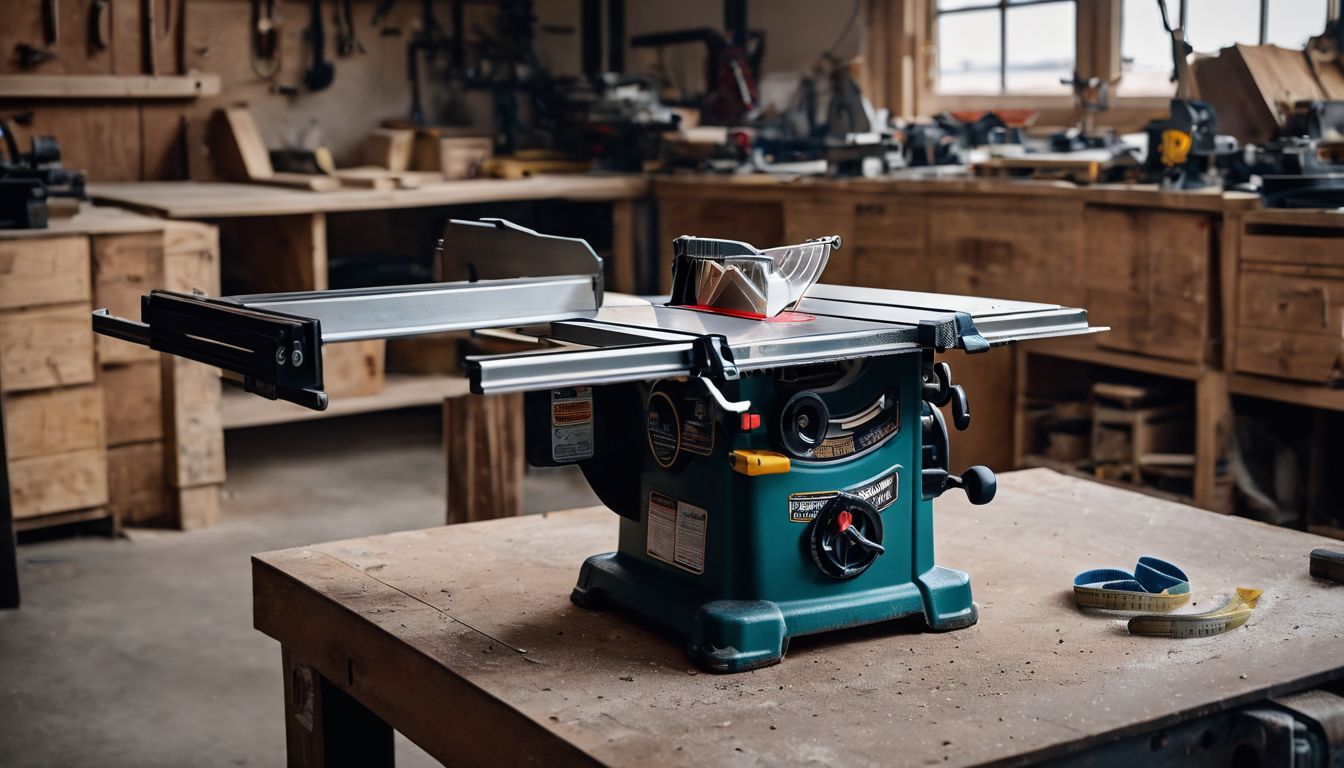 An empty table saw with tools and materials in a workshop.