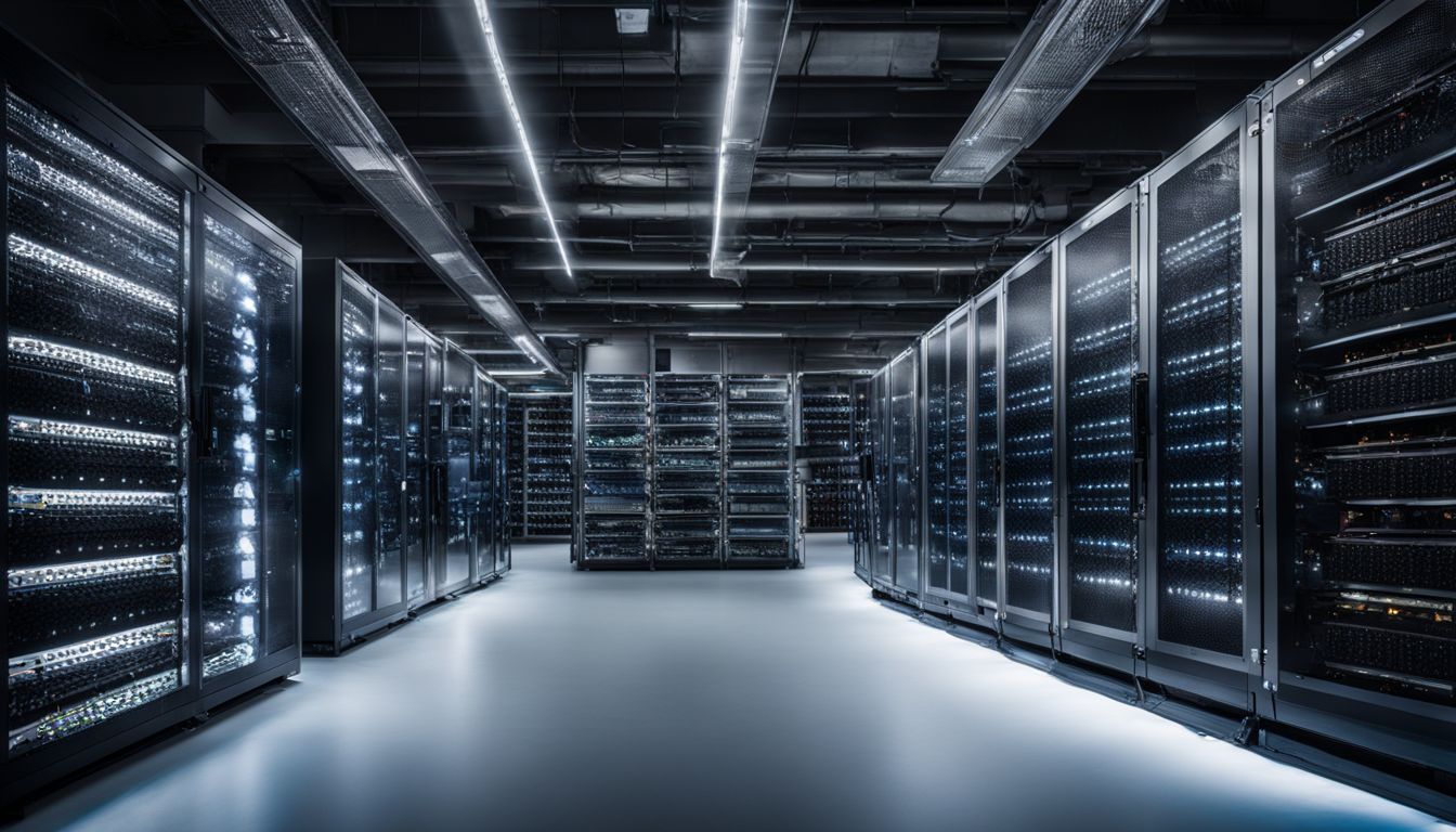 A busy network server room with racks and blinking lights.