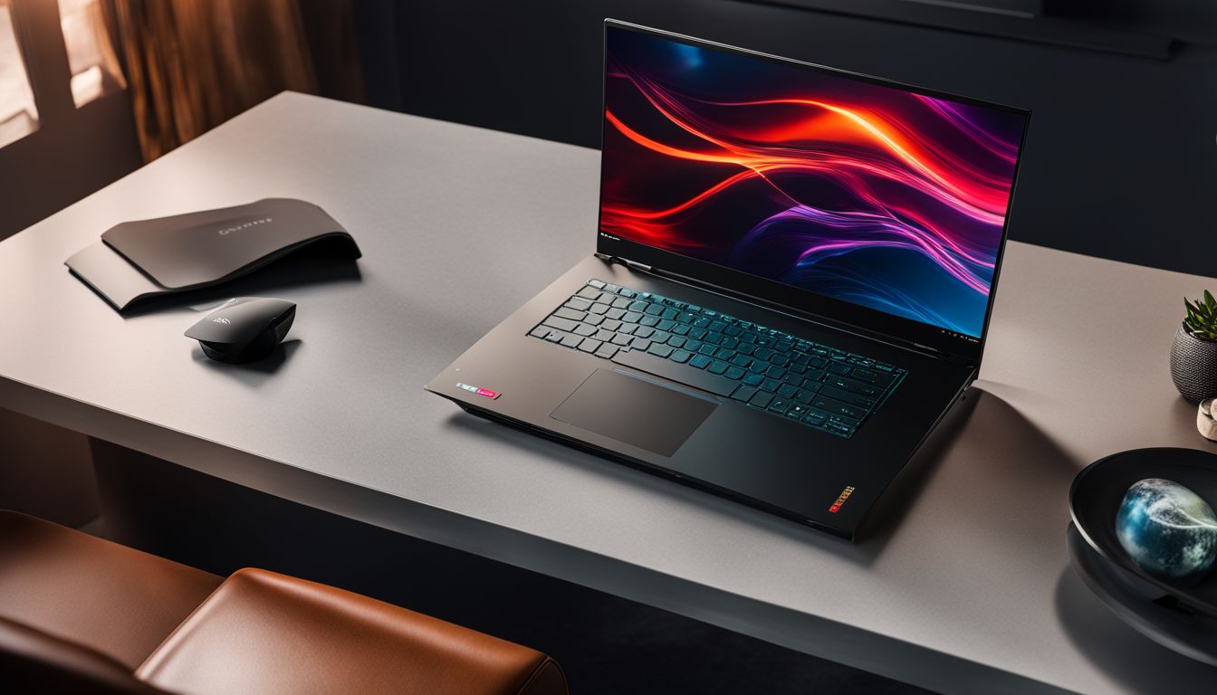 A photo of a Lenovo Legion 7 Gen 7 laptop on a futuristic desk with various people around.